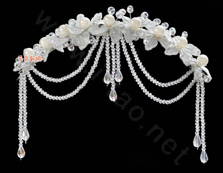 Luxury Pearl Crystal Bead Lace Flower Tassel Hairwear Wedding Bride Headband Bridal Hair Accessories