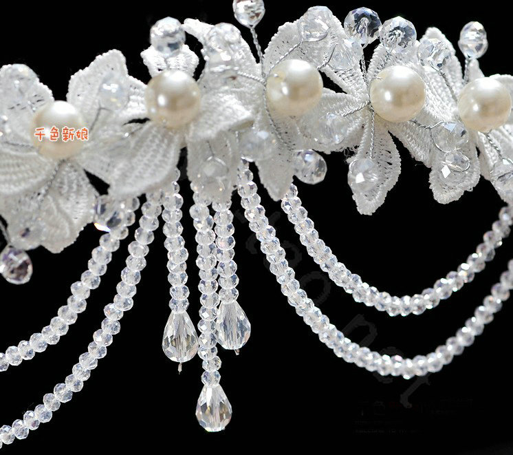 Luxury Pearl Crystal Bead Lace Flower Tassel Hairwear Wedding Bride Headband Bridal Hair Accessories
