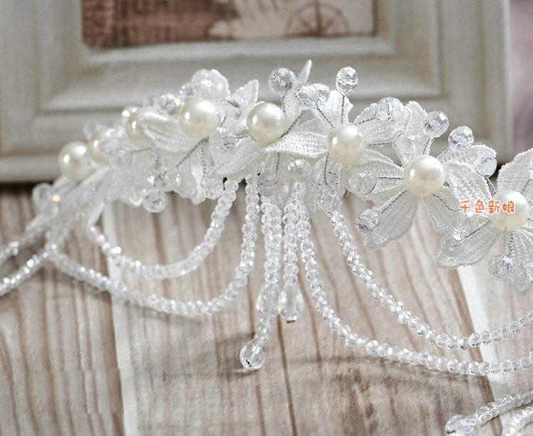Luxury Pearl Crystal Bead Lace Flower Tassel Hairwear Wedding Bride Headband Bridal Hair Accessories