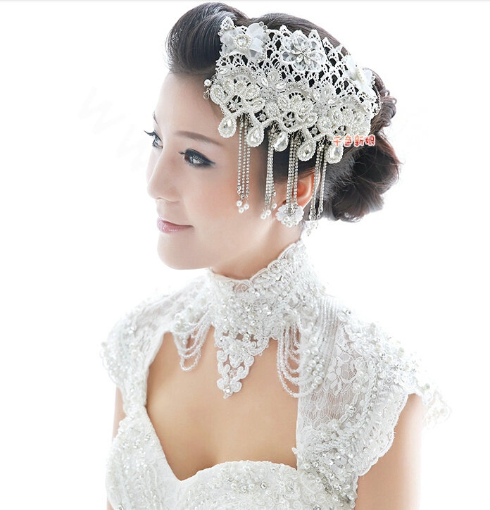 Luxury Pearl Crystal Lace Flower Tassel Hairwear Wedding Bride Headband Bridal Hair Accessories