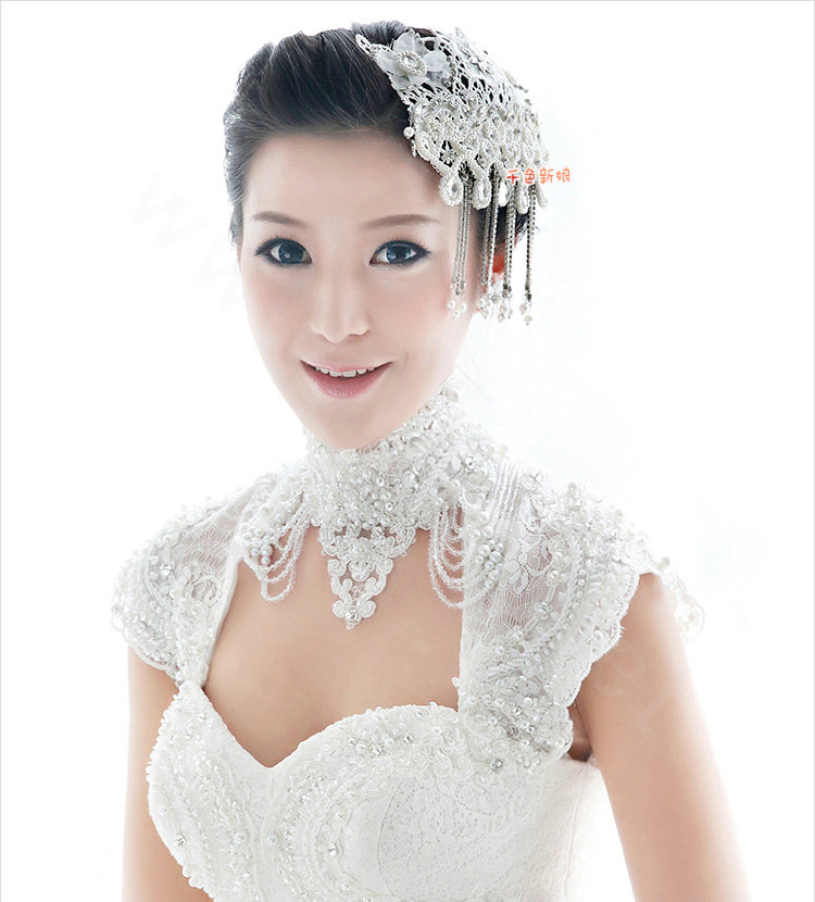 Luxury Pearl Crystal Lace Flower Tassel Hairwear Wedding Bride Headband Bridal Hair Accessories