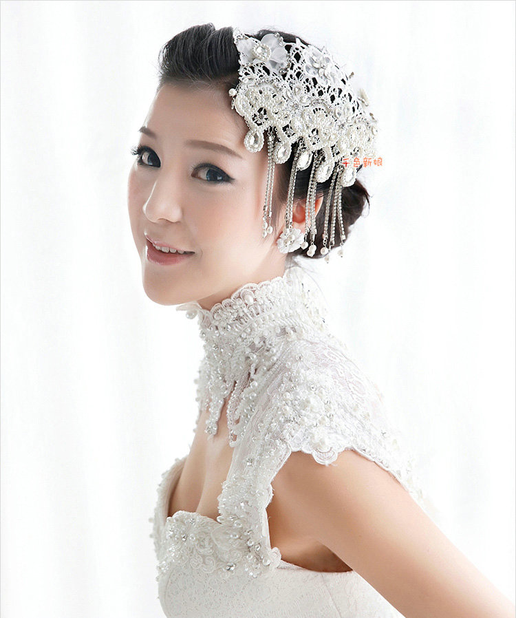Luxury Pearl Crystal Lace Flower Tassel Hairwear Wedding Bride Headband Bridal Hair Accessories