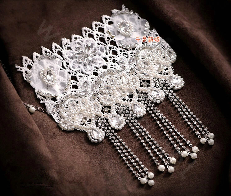 Luxury Pearl Crystal Lace Flower Tassel Hairwear Wedding Bride Headband Bridal Hair Accessories