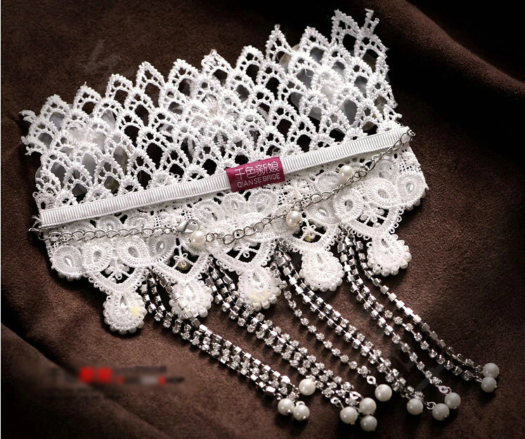 Luxury Pearl Crystal Lace Flower Tassel Hairwear Wedding Bride Headband Bridal Hair Accessories