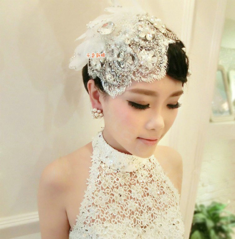 Luxury Rhinestone Lace Flower Tassel Hairwear Hats Wedding Bride Headband Bridal Hair Accessories