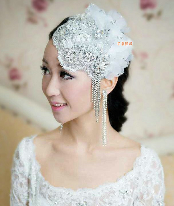 Luxury Rhinestone Lace Flower Tassel Hairwear Hats Wedding Bride Headband Bridal Hair Accessories