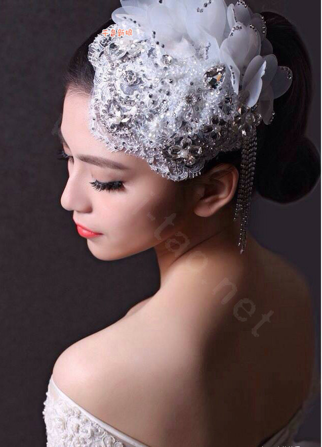 Luxury Rhinestone Lace Flower Tassel Hairwear Hats Wedding Bride Headband Bridal Hair Accessories