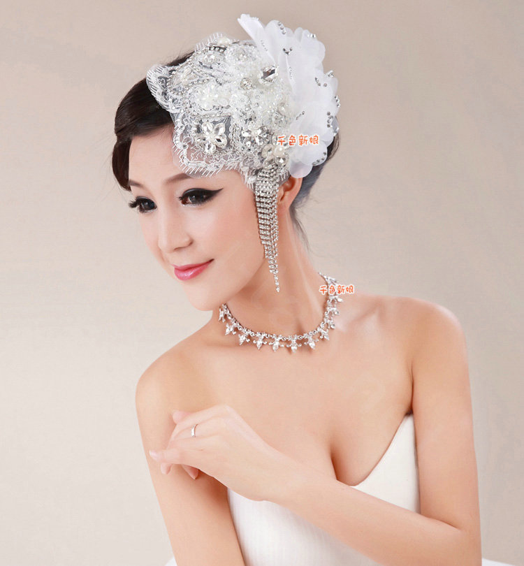 Luxury Rhinestone Lace Flower Tassel Hairwear Hats Wedding Bride Headband Bridal Hair Accessories