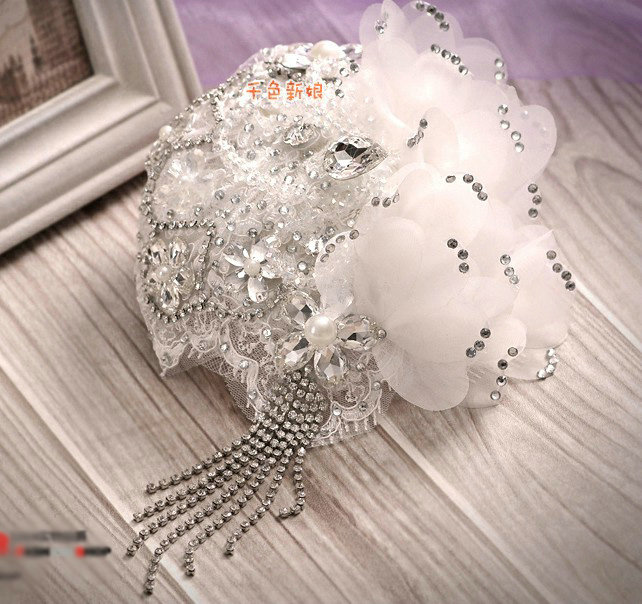 Luxury Rhinestone Lace Flower Tassel Hairwear Hats Wedding Bride Headband Bridal Hair Accessories