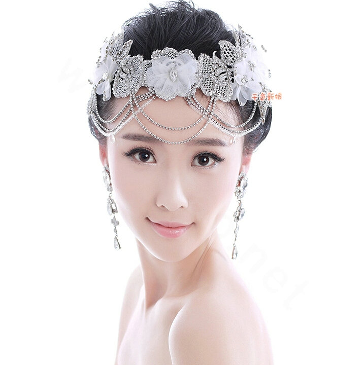 Luxury Rhinestone Lace Flower Tassel Hairwear Wedding Bride Headband Bridal Hair Accessories
