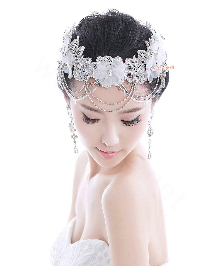 Luxury Rhinestone Lace Flower Tassel Hairwear Wedding Bride Headband Bridal Hair Accessories