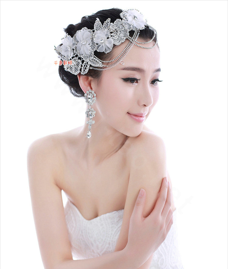 Luxury Rhinestone Lace Flower Tassel Hairwear Wedding Bride Headband Bridal Hair Accessories
