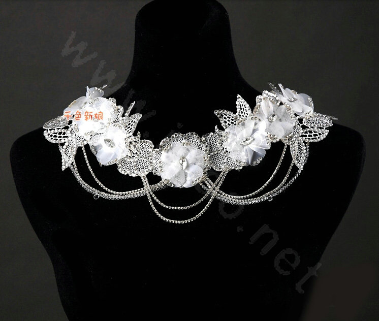 Luxury Rhinestone Lace Flower Tassel Hairwear Wedding Bride Headband Bridal Hair Accessories