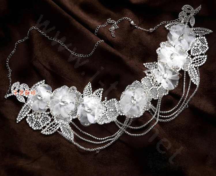 Luxury Rhinestone Lace Flower Tassel Hairwear Wedding Bride Headband Bridal Hair Accessories