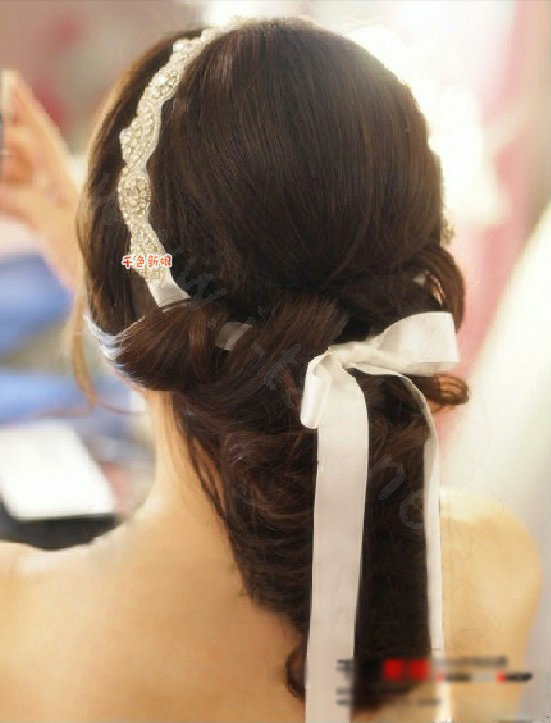 Luxury Rhinestone Lace Hairwear Ribbon Wedding Bride Headband Bridal Hair Accessories