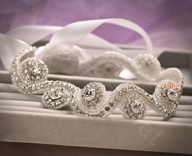 Luxury Rhinestone Lace Hairwear Ribbon Wedding Bride Headband Bridal Hair Accessories