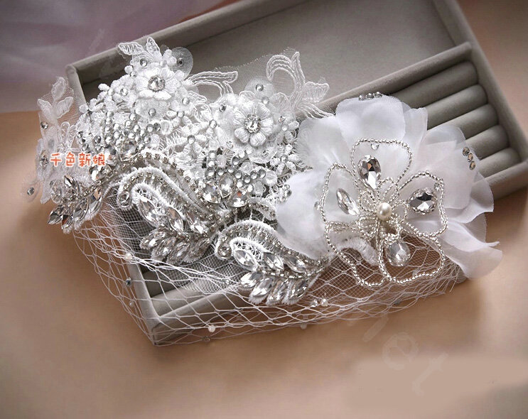 Luxury Rhinestone Mesh Lace Flower Hairwear Wedding Bride Headband Bridal Hair Accessories