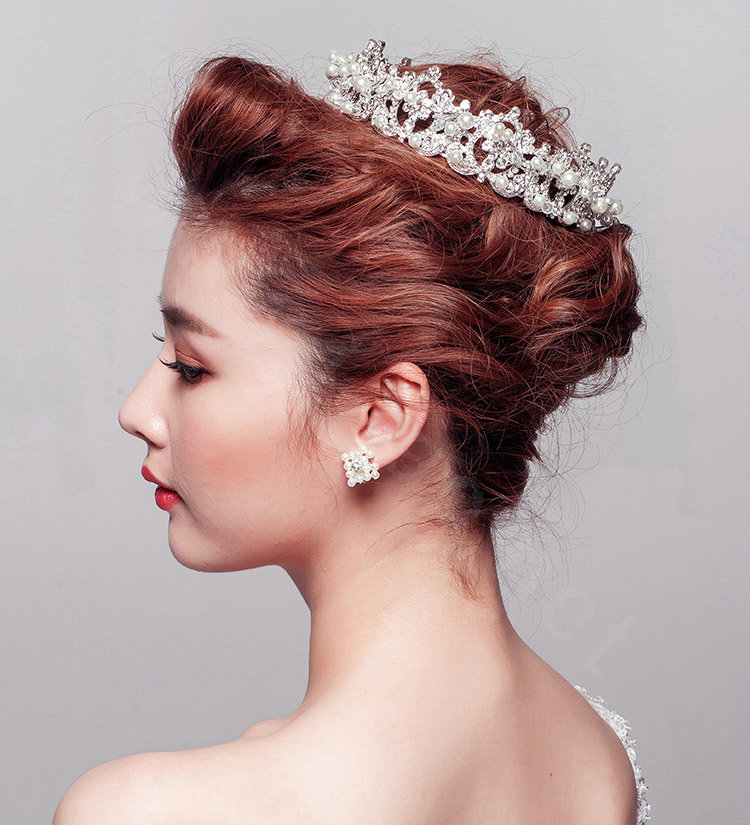 Luxury Round Pearl Crystal Large Crown Bridal Hairwear Wedding Dress Bride Headband Hair Accessories