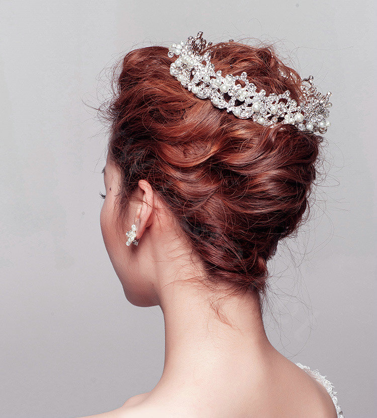 Luxury Round Pearl Crystal Large Crown Bridal Hairwear Wedding Dress Bride Headband Hair Accessories
