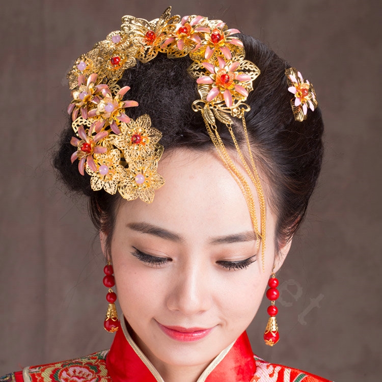 Luxury Simple Bride Classic Costume Tassel Flower Hair Clasp Cheongsam Married Bridal Hair Accessories