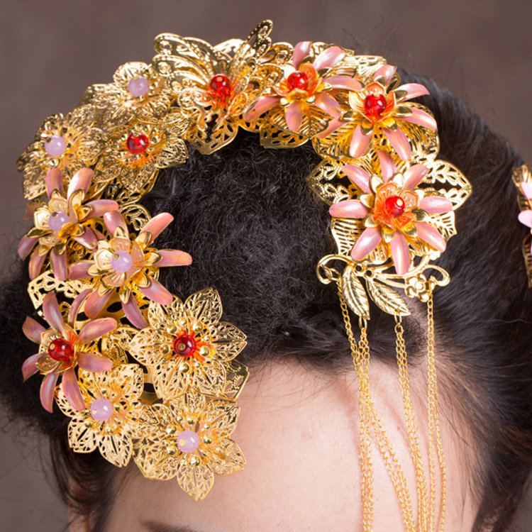 Luxury Simple Bride Classic Costume Tassel Flower Hair Clasp Cheongsam Married Bridal Hair Accessories