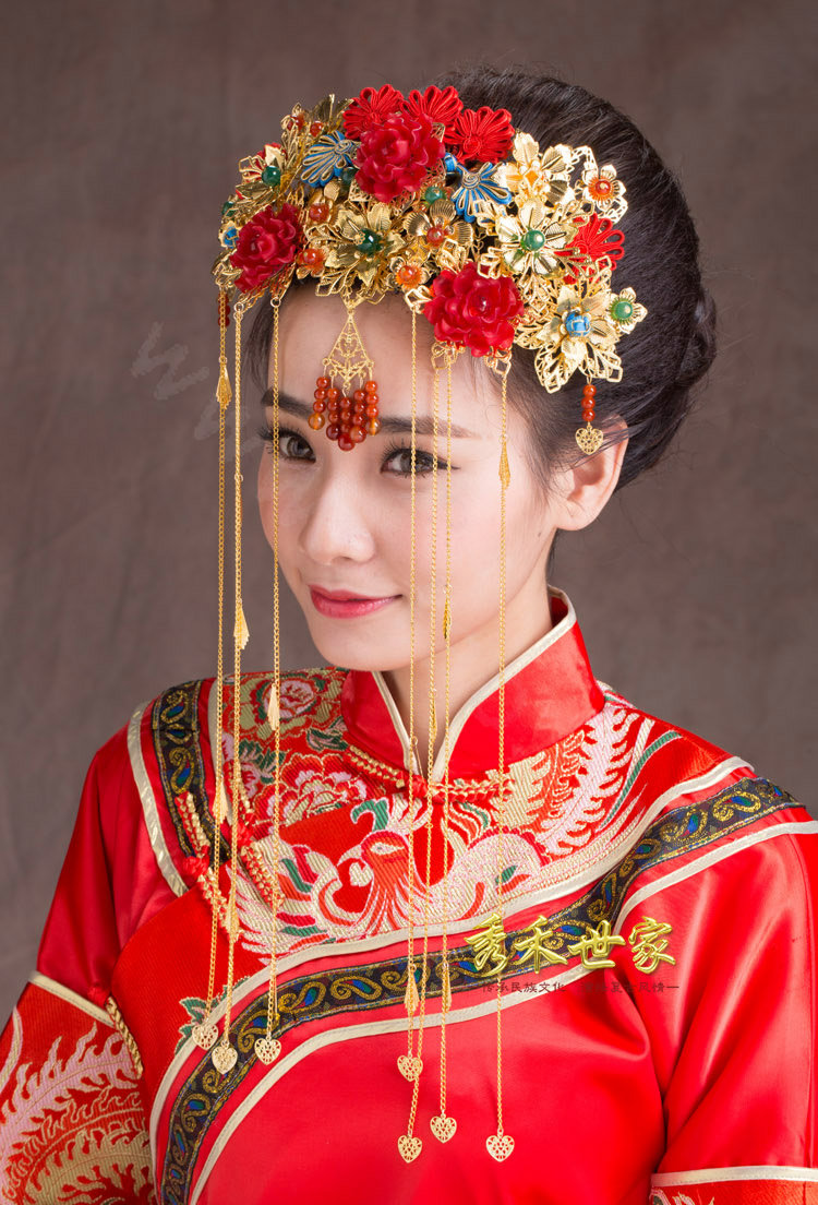 Luxury Vintage Agate Beads Flower Tassel Wedding Headband Bridal Cheongsam Hair Accessories