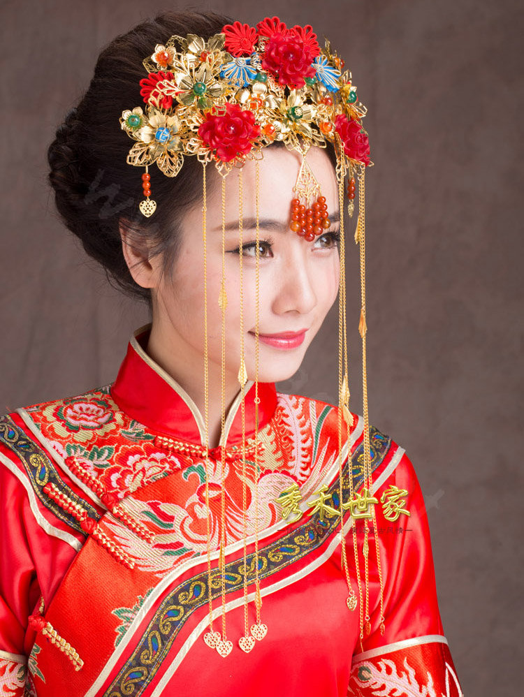 Luxury Vintage Agate Beads Flower Tassel Wedding Headband Bridal Cheongsam Hair Accessories