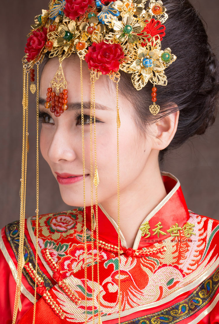 Luxury Vintage Agate Beads Flower Tassel Wedding Headband Bridal Cheongsam Hair Accessories