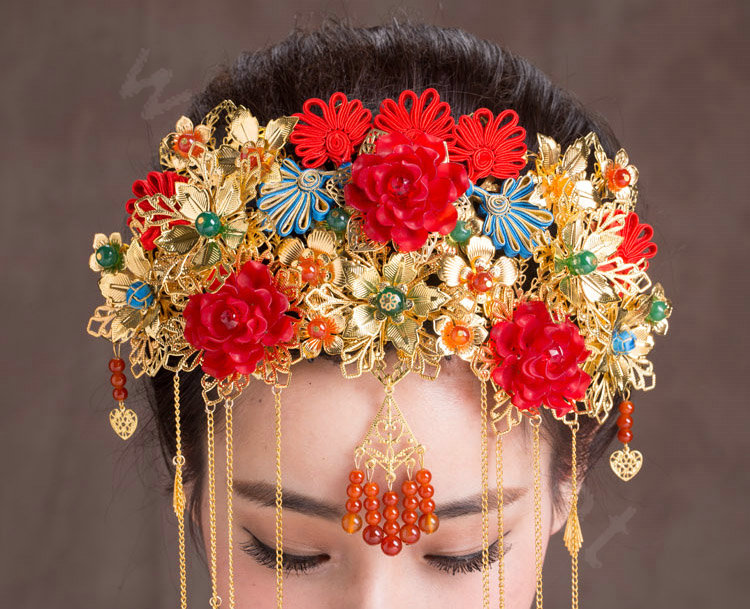 Luxury Vintage Agate Beads Flower Tassel Wedding Headband Bridal Cheongsam Hair Accessories