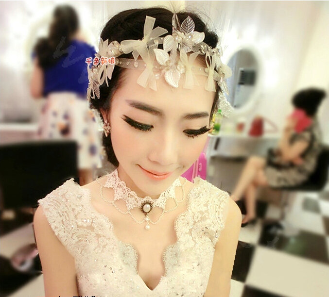 New Bride Jewelry Bowknot Crystal Mesh Lace Bridal Hair Headband Headpiece Wedding Accessories
