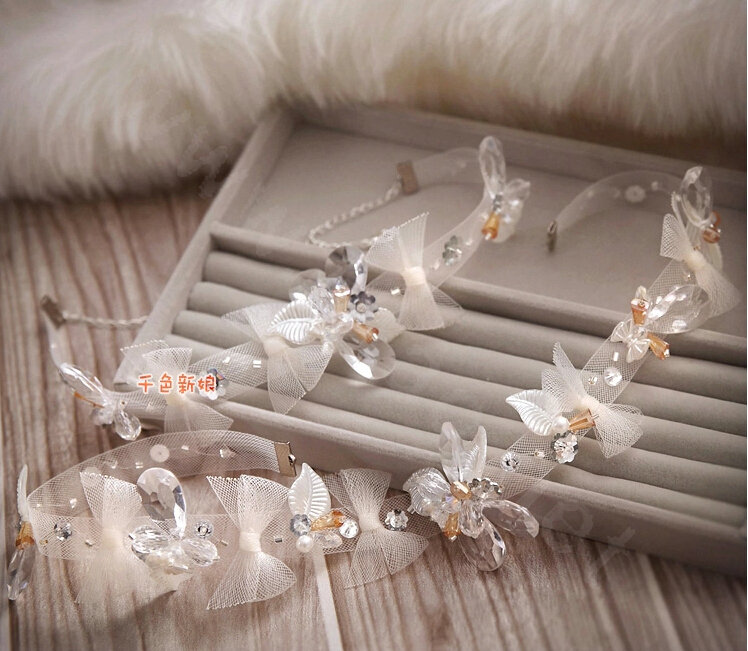 New Bride Jewelry Bowknot Crystal Mesh Lace Bridal Hair Headband Headpiece Wedding Accessories