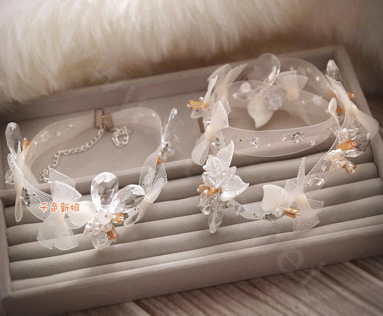 New Bride Jewelry Bowknot Crystal Mesh Lace Bridal Hair Headband Headpiece Wedding Accessories