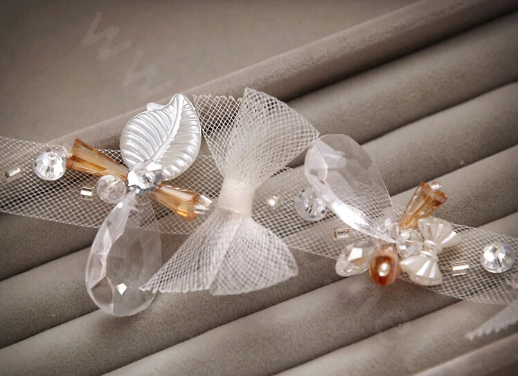 New Bride Jewelry Bowknot Crystal Mesh Lace Bridal Hair Headband Headpiece Wedding Accessories