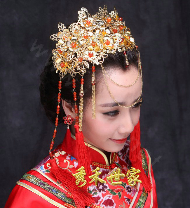 New Luxury Costume Bride Chinese style Gold Tassel Wedding jewelry Bridal Cheongsam Hair Accessories