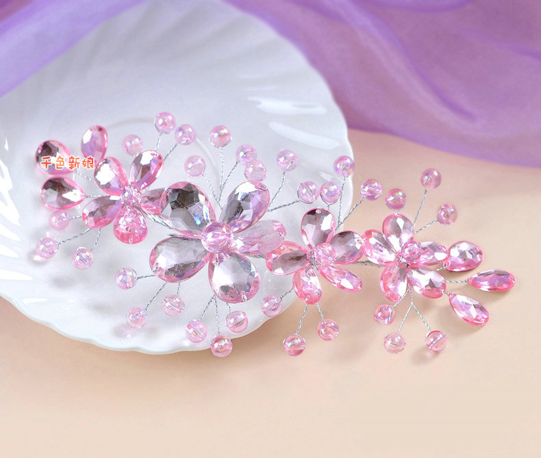 Plum flower Pink Crystal Bead Hairwear Wedding Bride Headband Bridal Party Dress Hair Accessories
