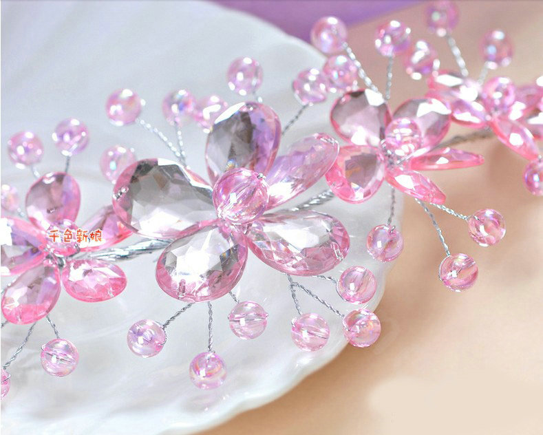 Plum flower Pink Crystal Bead Hairwear Wedding Bride Headband Bridal Party Dress Hair Accessories
