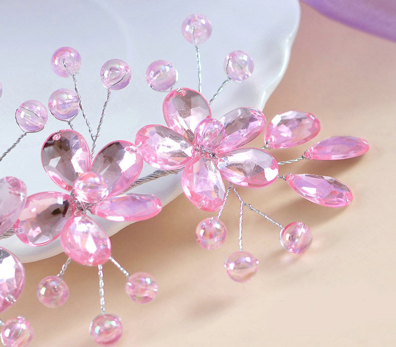 Plum flower Pink Crystal Bead Hairwear Wedding Bride Headband Bridal Party Dress Hair Accessories