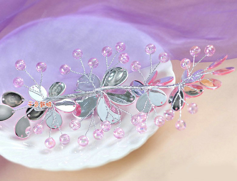 Plum flower Pink Crystal Bead Hairwear Wedding Bride Headband Bridal Party Dress Hair Accessories
