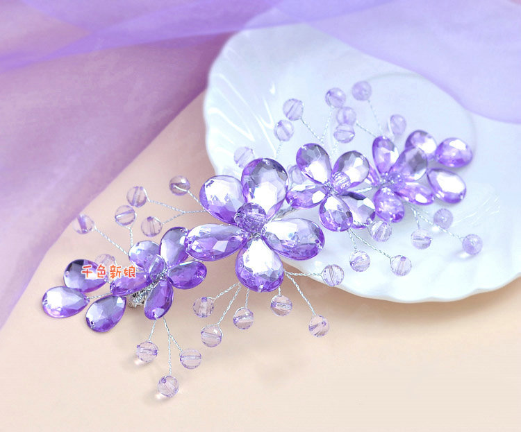 Plum flower Purple Crystal Bead Hairwear Wedding Bride Headband Bridal Party Dress Hair Accessories