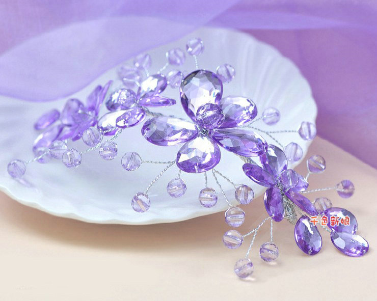 Plum flower Purple Crystal Bead Hairwear Wedding Bride Headband Bridal Party Dress Hair Accessories
