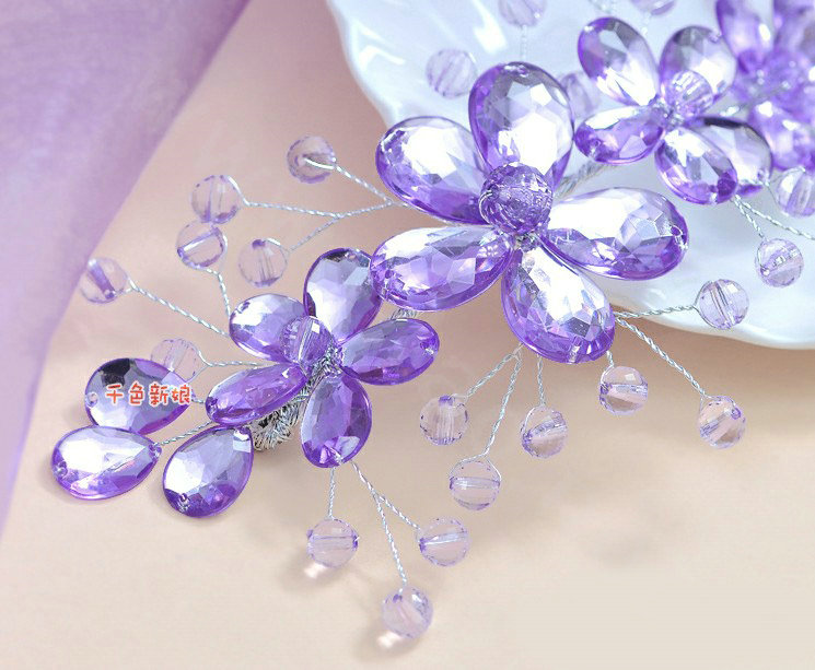 Plum flower Purple Crystal Bead Hairwear Wedding Bride Headband Bridal Party Dress Hair Accessories