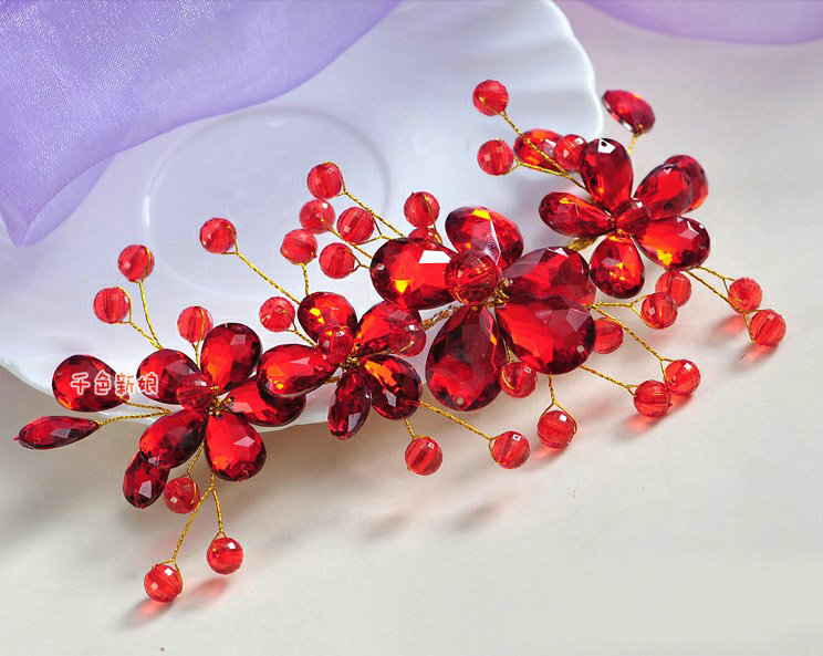Plum flower Red Crystal Bead Hairwear Wedding Bride Headband Bridal Party Dress Hair Accessories