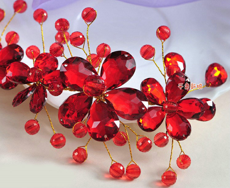 Plum flower Red Crystal Bead Hairwear Wedding Bride Headband Bridal Party Dress Hair Accessories