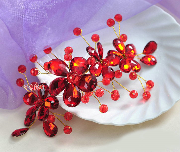 Plum flower Red Crystal Bead Hairwear Wedding Bride Headband Bridal Party Dress Hair Accessories