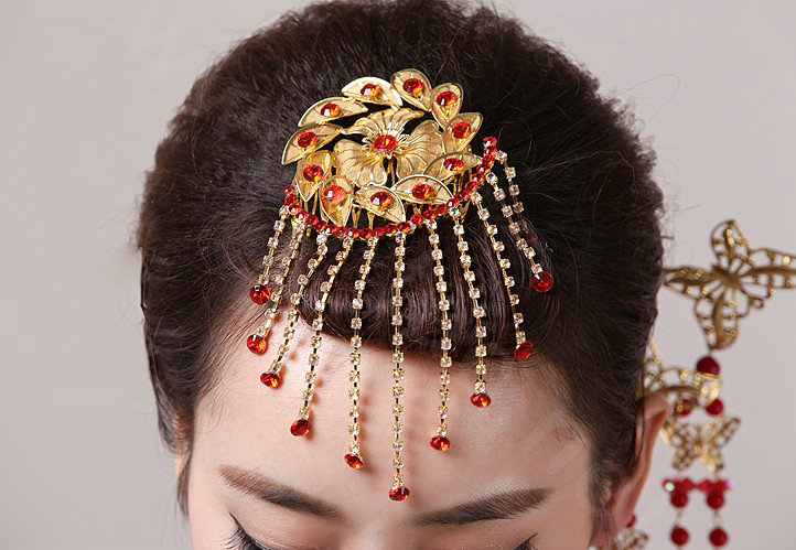 Simple Bride Flower Tassel Phoenix Coronet Hair Comb Cheongsam Wedding Bridal Hair Accessories