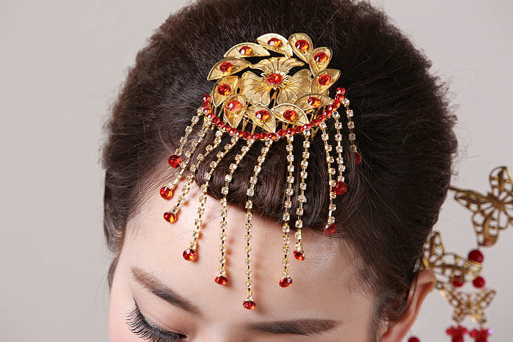 Simple Bride Flower Tassel Phoenix Coronet Hair Comb Cheongsam Wedding Bridal Hair Accessories