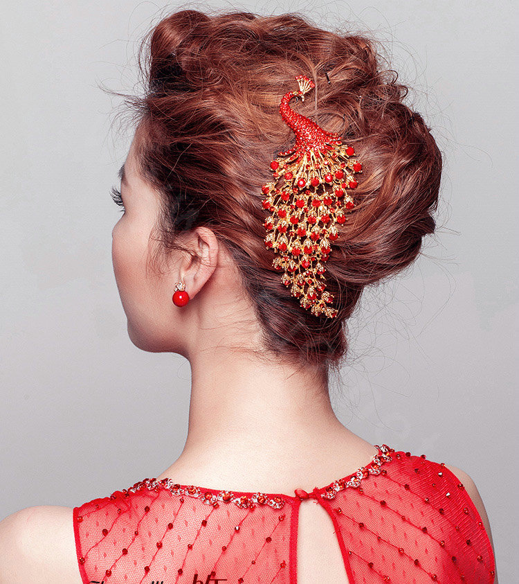 Unique Peacock Red Crystal Bridal Hair Combs Vintage Wedding Dress Bride Headband Hair Accessories
