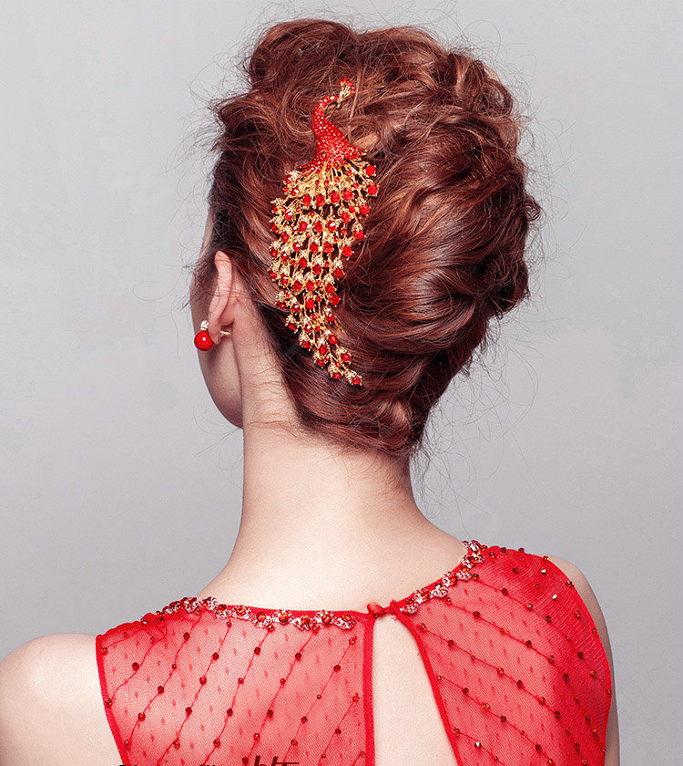 Unique Peacock Red Crystal Bridal Hair Combs Vintage Wedding Dress Bride Headband Hair Accessories