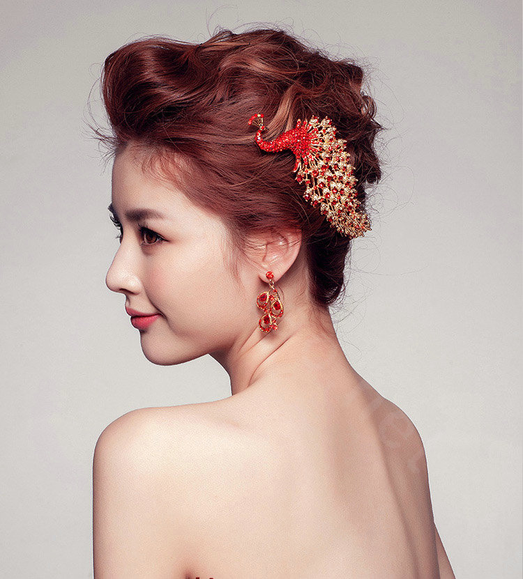 Unique Peacock Red Crystal Bridal Hair Combs Vintage Wedding Dress Bride Headband Hair Accessories