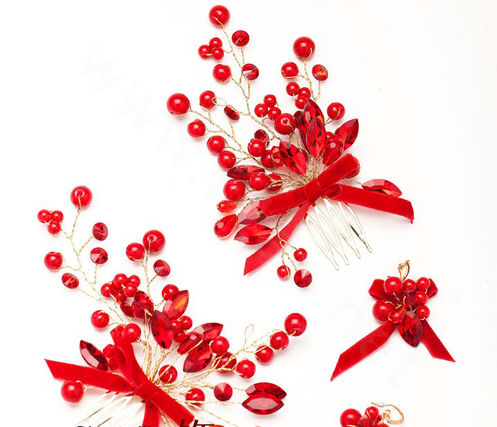 Unique Red Rhinestone Beads Bridal Hair Combs Vintage Wedding Dress Bride Headband Hair Accessories